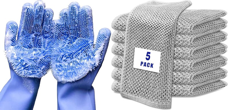 Style Keepers 5 Wire Dishcloths 1 Pair FoodGrade Silicone Gloves Set for MultiPurpose Cleaning Dishwashing Pet Grooming Stain Removal HeatResistant Reusable Durable for Kitchen Household Tasks