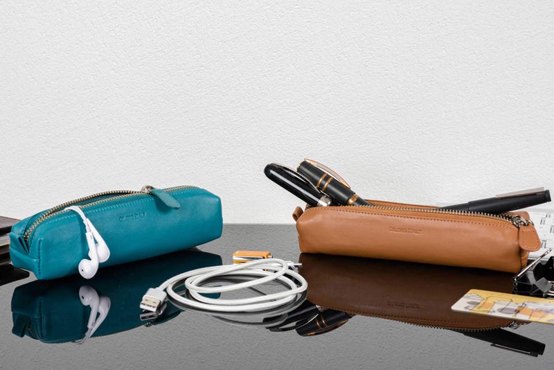 DiLoro Leather Zippered Fountain Ballpoint Rollerball Pens and Pencils Case Holder Pouch Genuine Full Grain Soft Nappa Leather (Turquoise Green) - Image 4