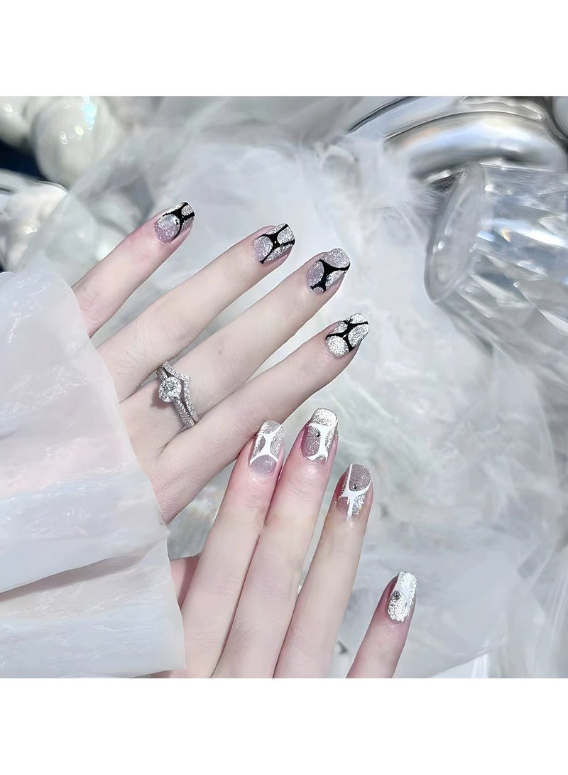 Goolsky Black White Mesh Cat Eye Press On Nails 30pcs Short Ballerina Rhinestone Nail Tips Fake Nails  - Image 2