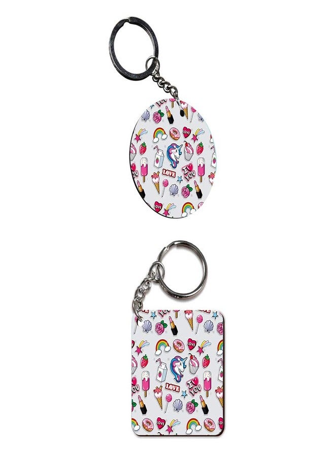 Plan To Gift Set of 2 | Circle & Square Shape Printed Wooden Keychains Unicorn food Texture | Circle & Square Shape keyrings | Circle & Square Shape Keychains| Printed keyrings - Image 1