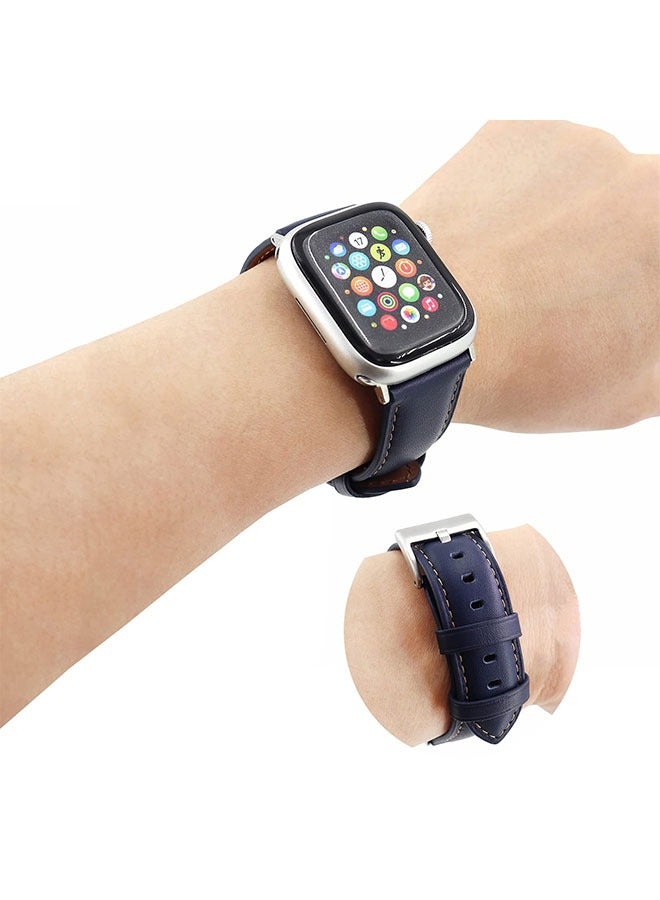 Genuine Leather Band Strap For Apple Watch Bands 42mm 44mm 45mm 49mm,for iWatch Series 8,7,6,5,4,3,2,1, Ultra Sport SE, Blue  - Image 5