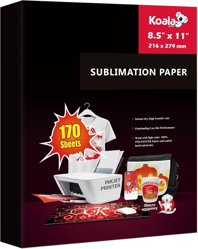 KOALA PAPER ورق السوبليماشن 170 ورقة 8.5x11 بوصة 105 جرام، مناسب لتخصيص الأكواب، تي شيرتات فاتحة اللون وغيرها من المواد السوبليماشن، متوافق فقط مع حبر السوبليماشن - Image 1