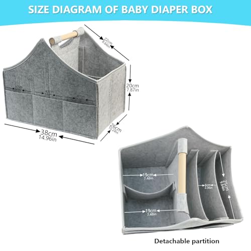 HMOSSVK Baby diaper caddy organizer car felt caddy baby product storage basket solid wood handle detachable partition storage basket for daycareBest Gift Basket for Babies grey - Image 3