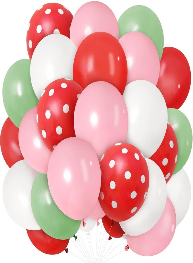 Kriyokiaa 60 Pcs Strawberry Balloons,12" Pink Red White Green Latex Shortcake Balloons with Polka Dot for Girl Birthday Party, Berry First Birthday, Baby Shower and Garden Party Decorations - Image 1