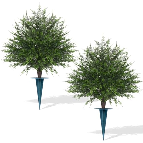 EverNature Artificial Cedar Topiary Ball Trees16 UV Resistant Fake Evergreen Shrubs Bushes Plants with Ground Spike 2 Set of Fake Plants for Outdoor Indoor Front Porch Garden - Image 1