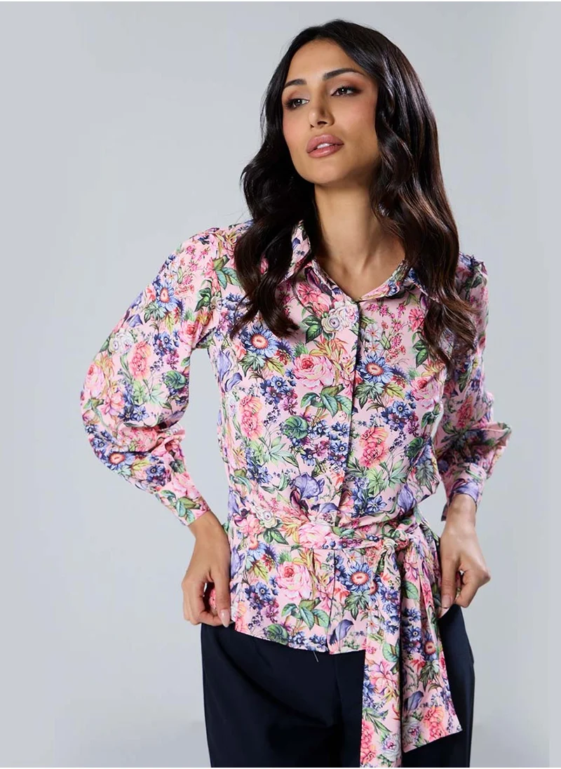 Zigzag Long Sleeve Waist Tie Printed Pink Top