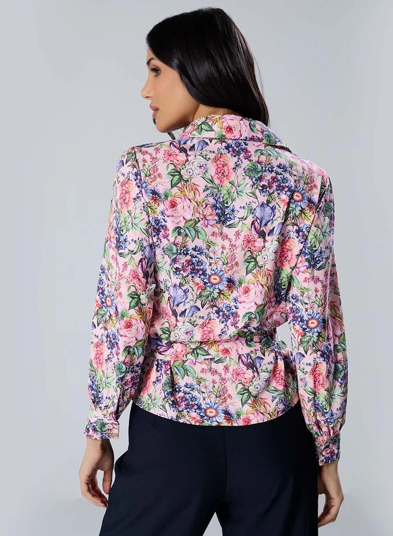 Zigzag Long Sleeve Waist Tie Printed Pink Top