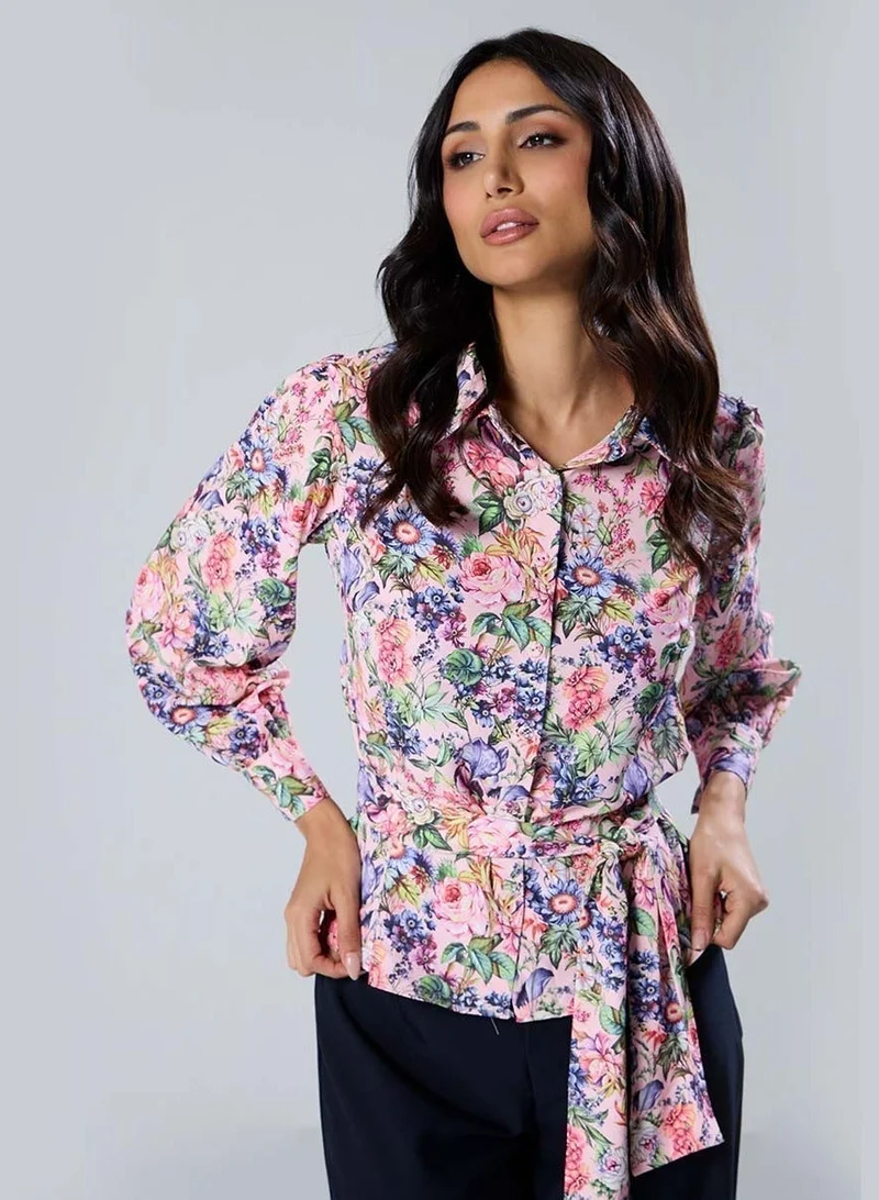 Zigzag Long Sleeve Waist Tie Printed Pink Top