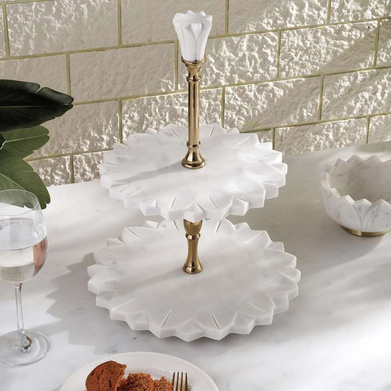 Praline 2-Tier Marble Cake Stand 30.4x25.4x38cm- White