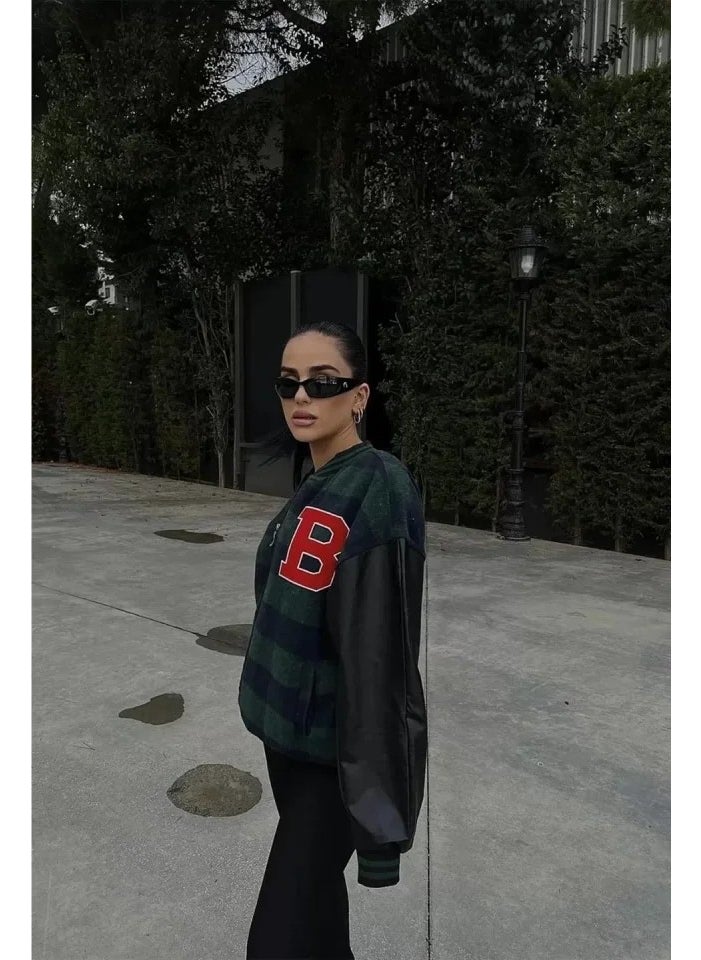PUPOOL - جاكيت كليه مزخرف بنمط قماش الكاروهات - كاكي - Image 1