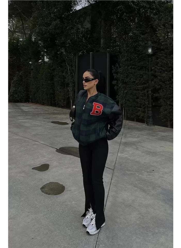 PUPOOL - جاكيت كليه مزخرف بنمط قماش الكاروهات - كاكي - Image 1