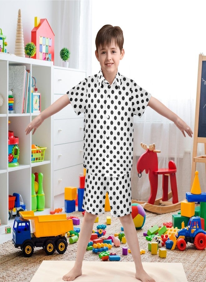 visesunny Boys 2 Piece Outfit Button Down Shirt and Short Sets Polka Dots Black White Pattern Boy Summer Outfits for Children Kids - Image 2
