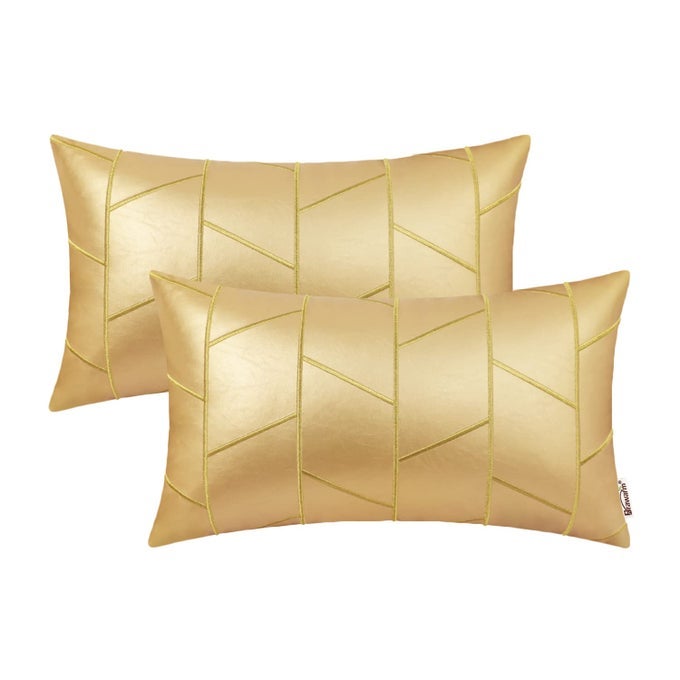 Faux Leather Pillow Covers 12 X 20 Inches Gold Leather Lumbar Pillow Covers Pack of 2 Geometric Embroidery Leather Decorative Throw Pillows for Living Room Couch Bed Sofa Home