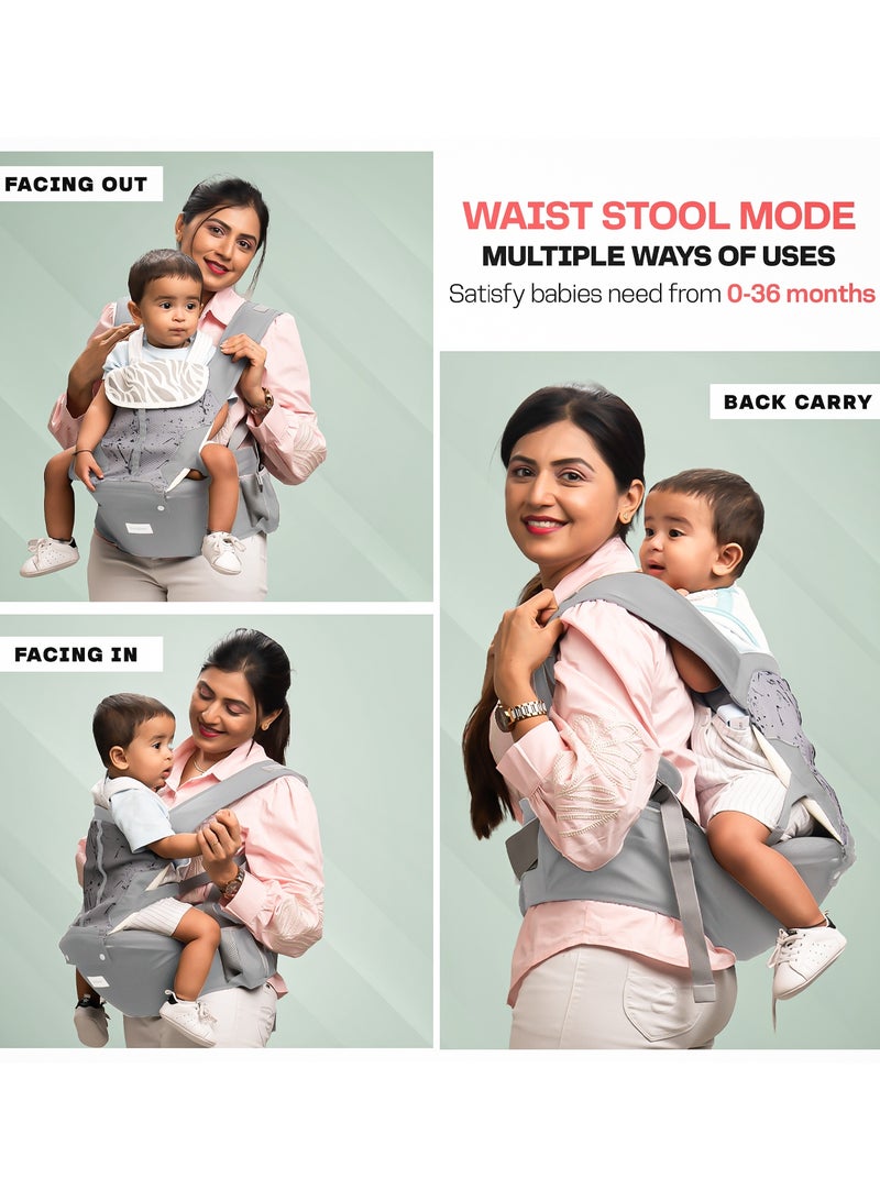 بيبي حاملة أطفال نيونست بمقعد الورك للأطفال من عمر 0 إلى 3 سنوات | حاملة أطفال للمواليد الجدد بستة أوضاع حمل | حقيبة حمل أطفال قابلة للتعديل بدون استخدام اليدين مع دعم قطني ووسادة مقعد عريضة | حقيبة كنغر للأطفال مع حقيبة تخزين متعددة ونسيج شبكي قابل للتهوية - رمادي غامق - Image 4
