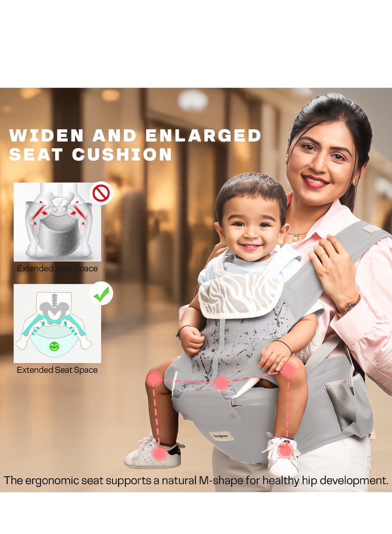 بيبي حاملة أطفال نيونست بمقعد الورك للأطفال من عمر 0 إلى 3 سنوات | حاملة أطفال للمواليد الجدد بستة أوضاع حمل | حقيبة حمل أطفال قابلة للتعديل بدون استخدام اليدين مع دعم قطني ووسادة مقعد عريضة | حقيبة كنغر للأطفال مع حقيبة تخزين متعددة ونسيج شبكي قابل للتهوية - رمادي غامق - Image 5