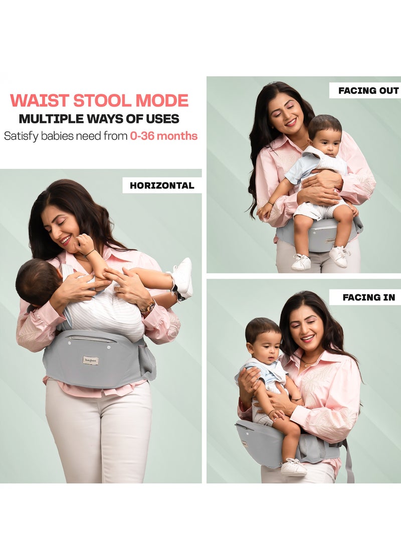 بيبي حاملة أطفال نيونست بمقعد الورك للأطفال من عمر 0 إلى 3 سنوات | حاملة أطفال للمواليد الجدد بستة أوضاع حمل | حقيبة حمل أطفال قابلة للتعديل بدون استخدام اليدين مع دعم قطني ووسادة مقعد عريضة | حقيبة كنغر للأطفال مع حقيبة تخزين متعددة ونسيج شبكي قابل للتهوية - رمادي غامق - Image 3