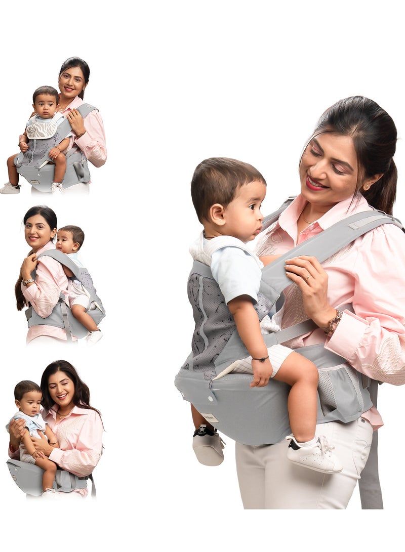 بيبي حاملة أطفال نيونست بمقعد الورك للأطفال من عمر 0 إلى 3 سنوات | حاملة أطفال للمواليد الجدد بستة أوضاع حمل | حقيبة حمل أطفال قابلة للتعديل بدون استخدام اليدين مع دعم قطني ووسادة مقعد عريضة | حقيبة كنغر للأطفال مع حقيبة تخزين متعددة ونسيج شبكي قابل للتهوية - رمادي غامق - Image 1