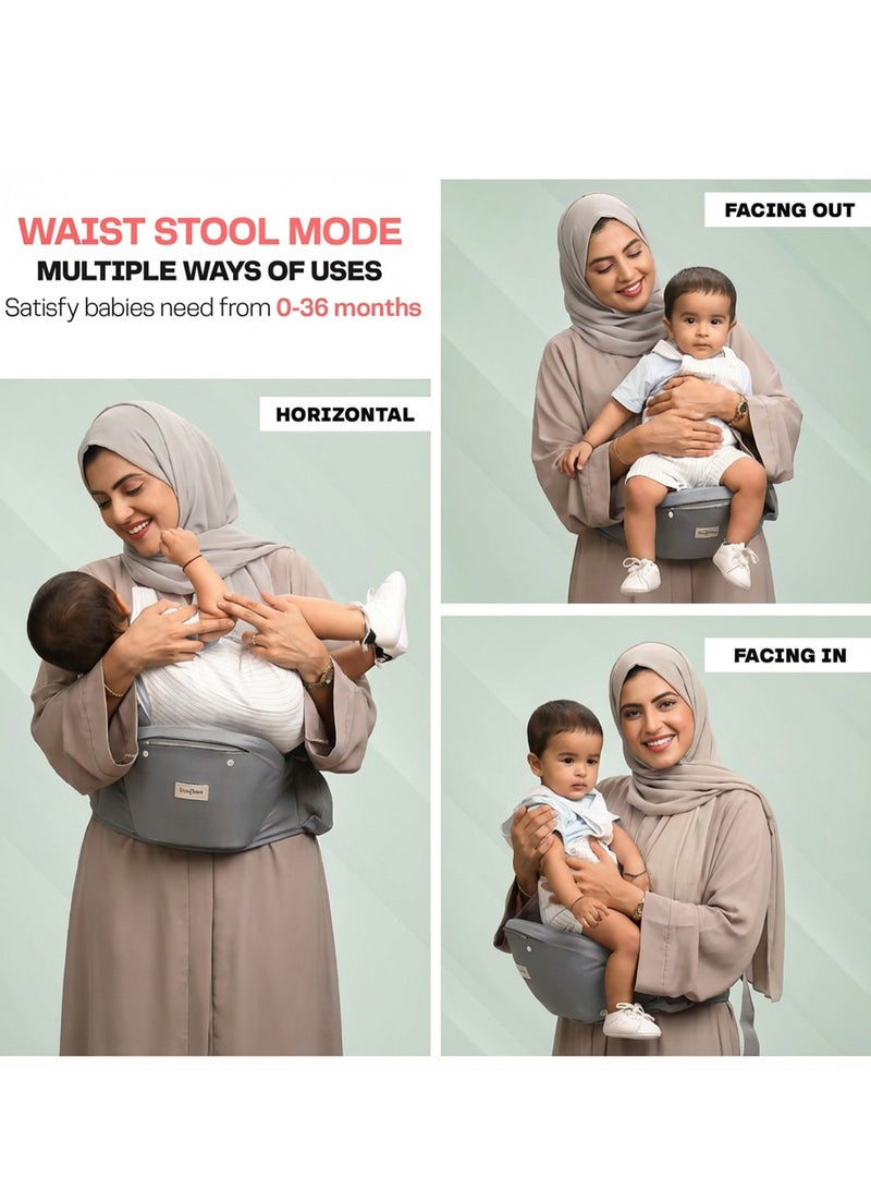 BAYBEE Neonest Hip Seat Baby Carrier for 0 to 3 Year Baby | Baby Carrier for New Born with 6 Carry Position | Adjustable Hands Free Baby Carry Bag with Lumbar Support & Wide Seat Cushion | Babies Kangaroo Bag with Multi Storage Packet & Breathable Mesh Fabric Dark Grey - Image 3