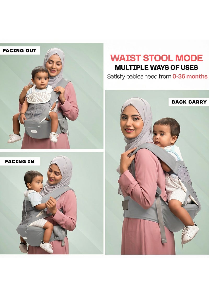 BAYBEE Neonest Hip Seat Baby Carrier for 0 to 3 Year Baby | Baby Carrier for New Born with 6 Carry Position | Adjustable Hands Free Baby Carry Bag with Lumbar Support & Wide Seat Cushion | Babies Kangaroo Bag with Multi Storage Packet & Breathable Mesh Fabric Dark Grey - Image 4