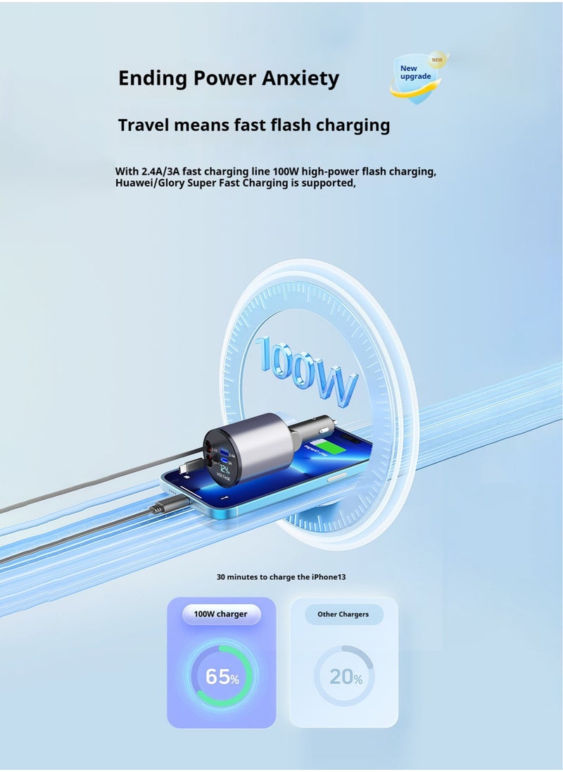 Elysium Car Charger - Fast Charging 4-in-1 Adapter With Foldable Lightning And Type-C Cables, Dual USB Ports And Voltage Display - Compatible With iPhone, iPad, Android  - Image 3