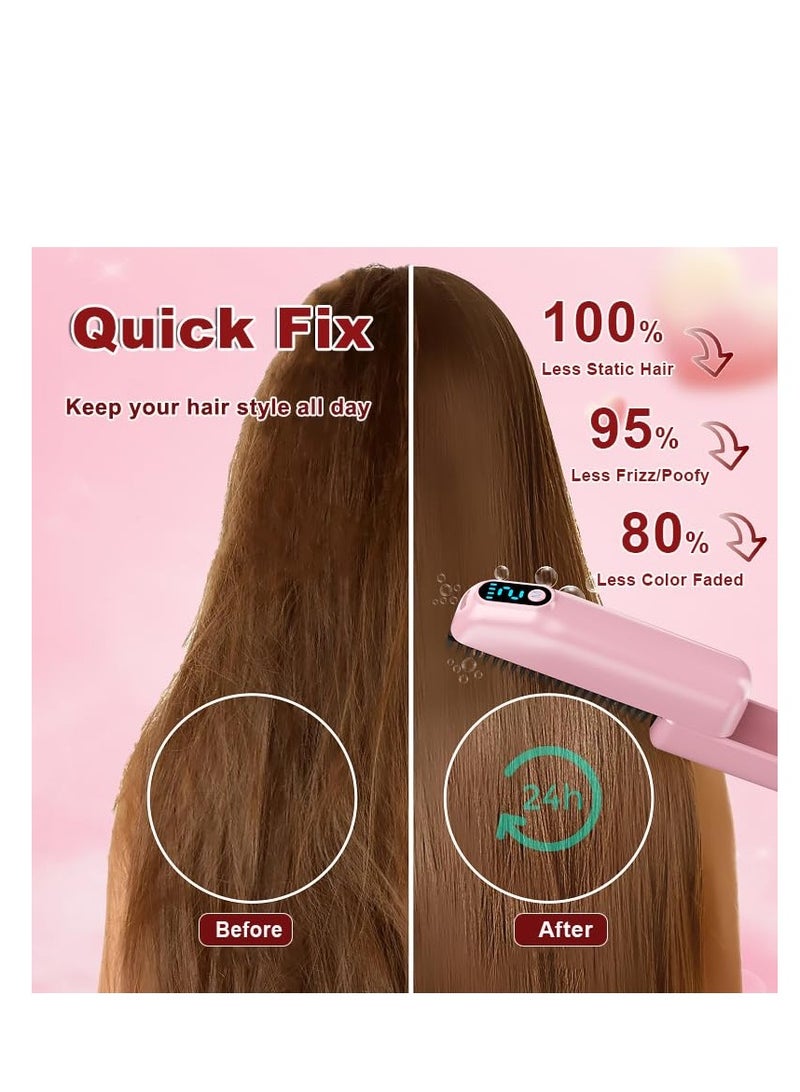 Cordless Hair Straightener Brush for Women, Portable Electric Hair Straightening Comb with Negative Ions, 30s Fast Heating, Dual Temperature Adjustable for Travel, Suitable for Many Hairs (Pink) - Image 4