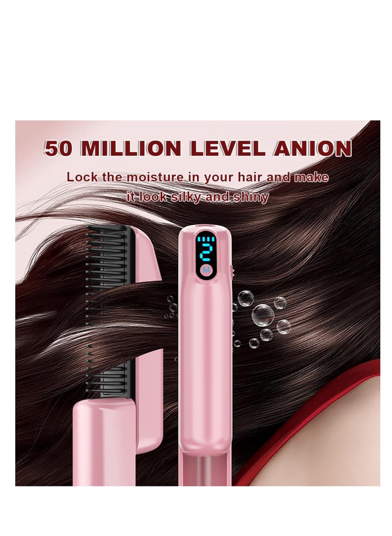 Cordless Hair Straightener Brush for Women, Portable Electric Hair Straightening Comb with Negative Ions, 30s Fast Heating, Dual Temperature Adjustable for Travel, Suitable for Many Hairs (Pink) - Image 2