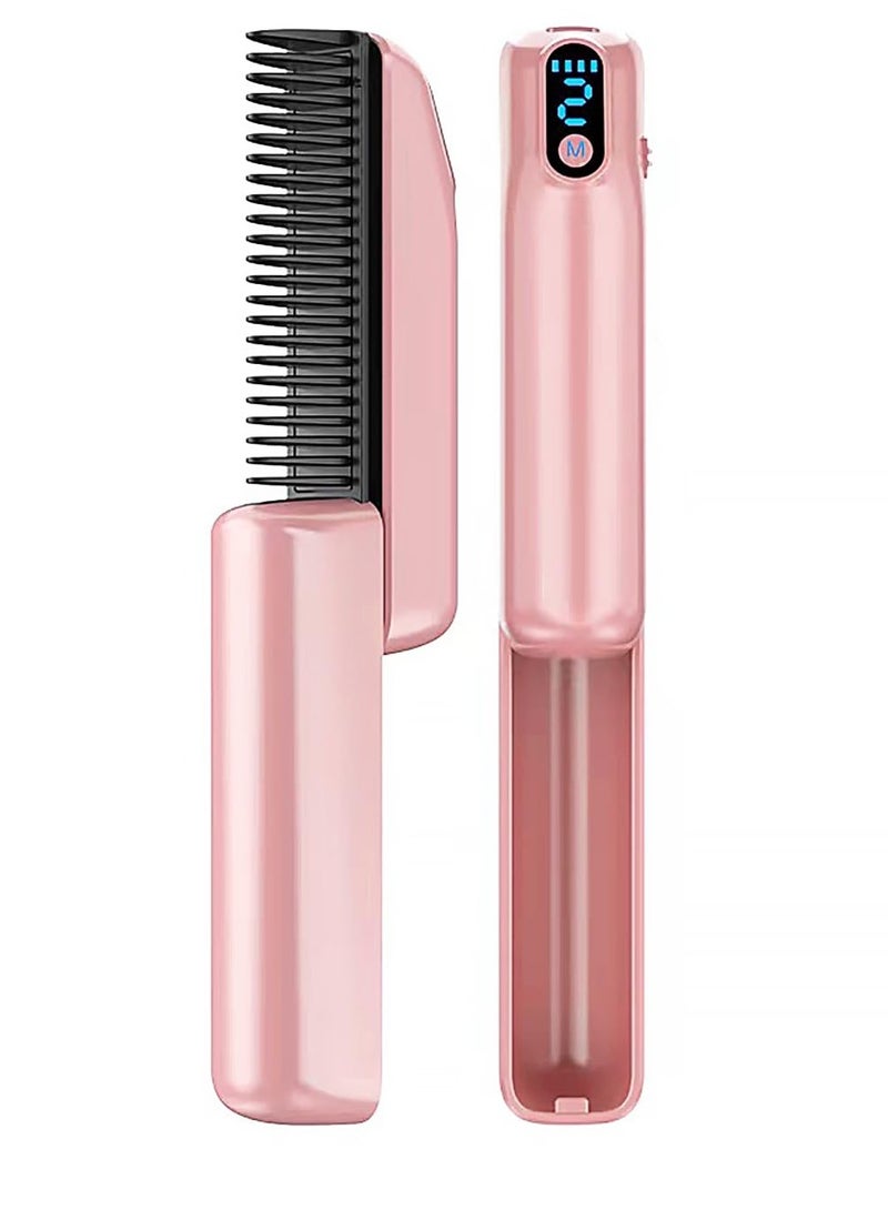 Cordless Hair Straightener Brush for Women, Portable Electric Hair Straightening Comb with Negative Ions, 30s Fast Heating, Dual Temperature Adjustable for Travel, Suitable for Many Hairs (Pink) - Image 1