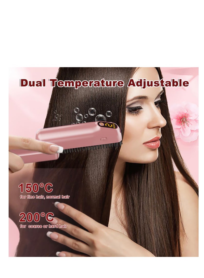 Cordless Hair Straightener Brush for Women, Portable Electric Hair Straightening Comb with Negative Ions, 30s Fast Heating, Dual Temperature Adjustable for Travel, Suitable for Many Hairs (Pink) - Image 3