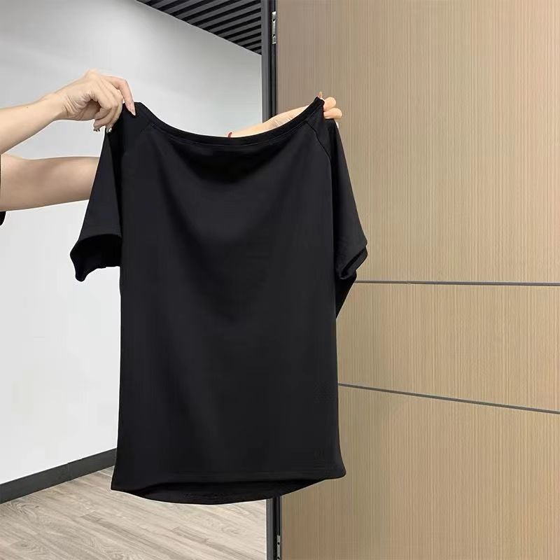Solid Color Off-Shoulder Design Off-Shoulder Short-Sleeved T-Shirt Women'S Summer Slimming New Style Lazy Loose Top - Image 5