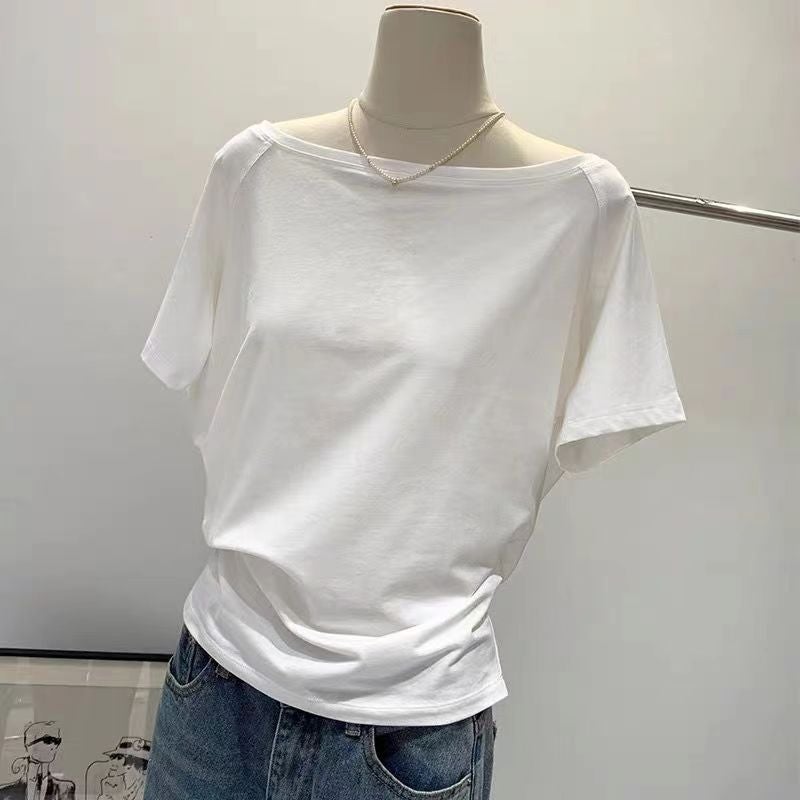 Solid Color Off-Shoulder Design Off-Shoulder Short-Sleeved T-Shirt Women'S Summer Slimming New Style Lazy Loose Top - Image 2