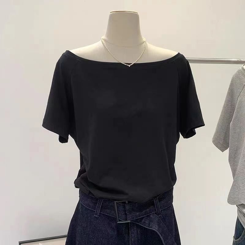 Solid Color Off-Shoulder Design Off-Shoulder Short-Sleeved T-Shirt Women'S Summer Slimming New Style Lazy Loose Top - Image 3