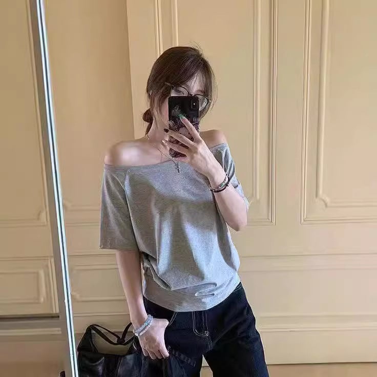 Solid Color Off-Shoulder Design Off-Shoulder Short-Sleeved T-Shirt Women'S Summer Slimming New Style Lazy Loose Top - Image 4