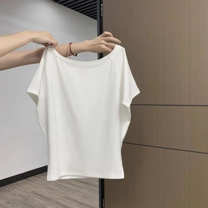 Solid Color Off-Shoulder Design Off-Shoulder Short-Sleeved T-Shirt Women'S Summer Slimming New Style Lazy Loose Top - Image 1