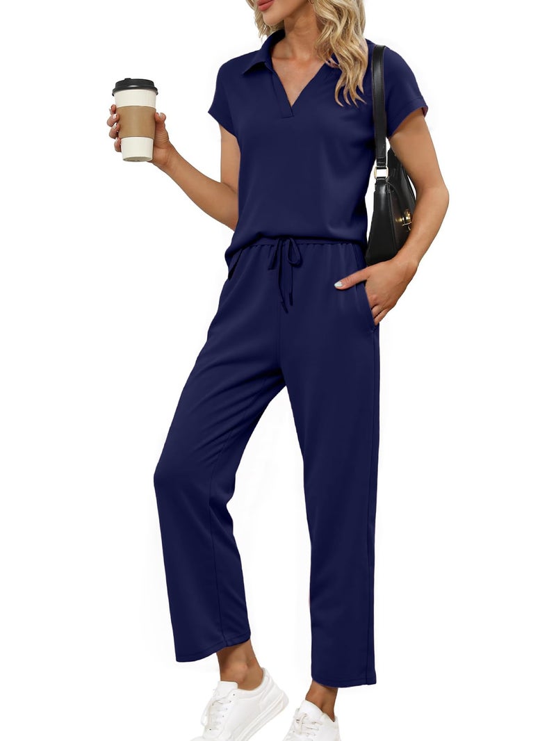 Glamaker Womens 2 Piece Loung Set Summer Two Piece Airport Matching Outfit Loose Cute Track Suit Trendy Fashion 2026(Navy Blue,Large) - Image 1