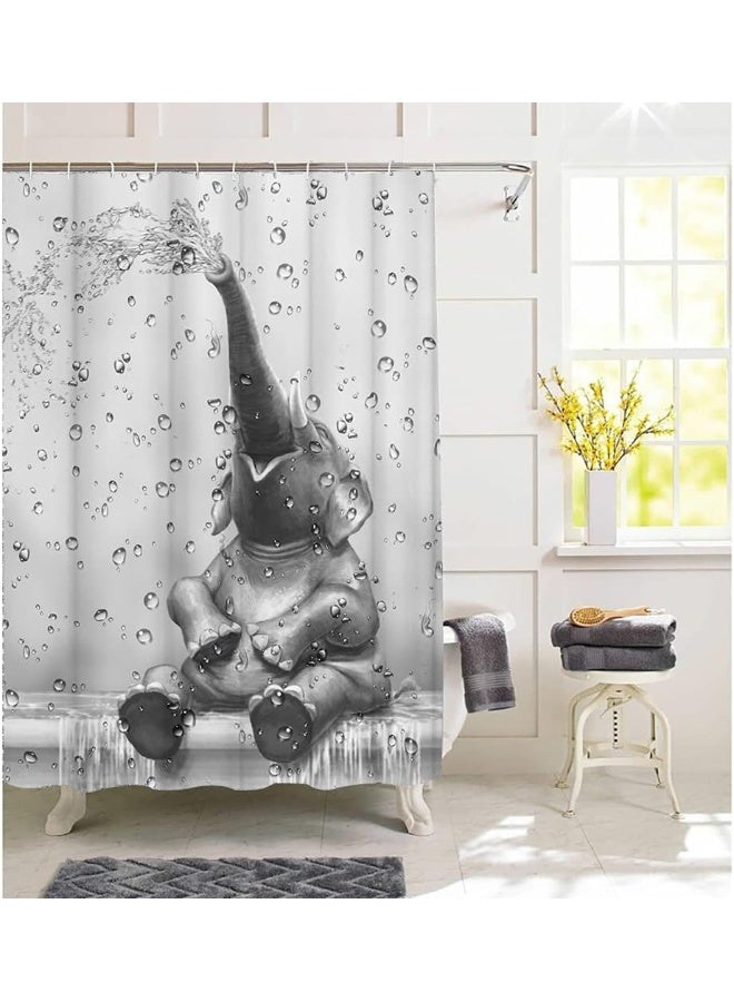 African Elephant Shower Curtain Funny Elephant Taking Shower Bathroom Curtain Cute Wild Animal on Raindrop Background Bath Curtain Fabric Bathroom Decor Set for Kids Hooks Included 72x72inch  - Image 2