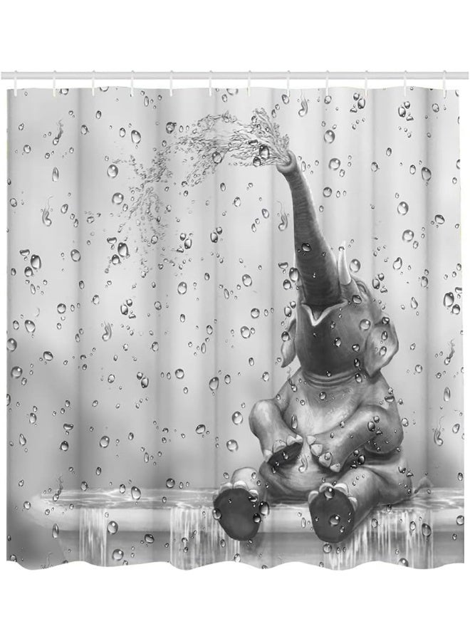 African Elephant Shower Curtain Funny Elephant Taking Shower Bathroom Curtain Cute Wild Animal on Raindrop Background Bath Curtain Fabric Bathroom Decor Set for Kids Hooks Included 72x72inch  - Image 1