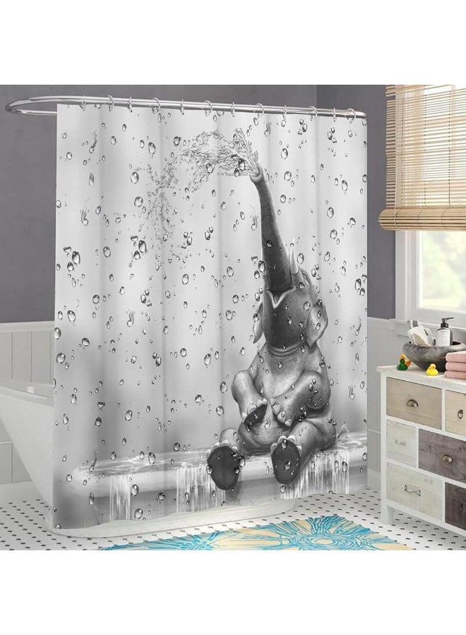 African Elephant Shower Curtain Funny Elephant Taking Shower Bathroom Curtain Cute Wild Animal on Raindrop Background Bath Curtain Fabric Bathroom Decor Set for Kids Hooks Included 72x72inch  - Image 3