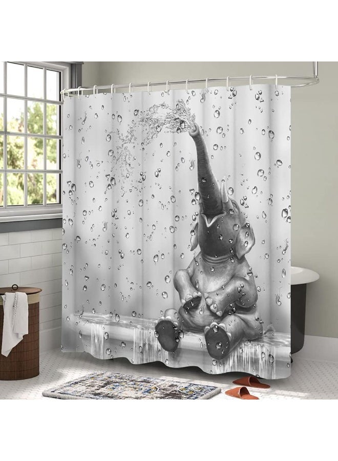 African Elephant Shower Curtain Funny Elephant Taking Shower Bathroom Curtain Cute Wild Animal on Raindrop Background Bath Curtain Fabric Bathroom Decor Set for Kids Hooks Included 72x72inch  - Image 4