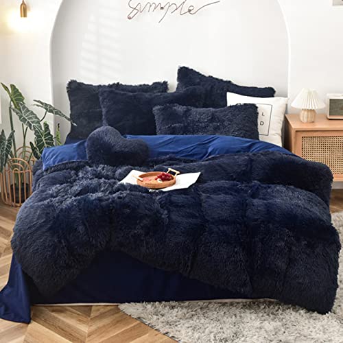 MorroMorn 5 PCS Shaggy Duvet Cover Bedding Set Long Faux Fur Luxury Ultra Soft Navy FullQueen