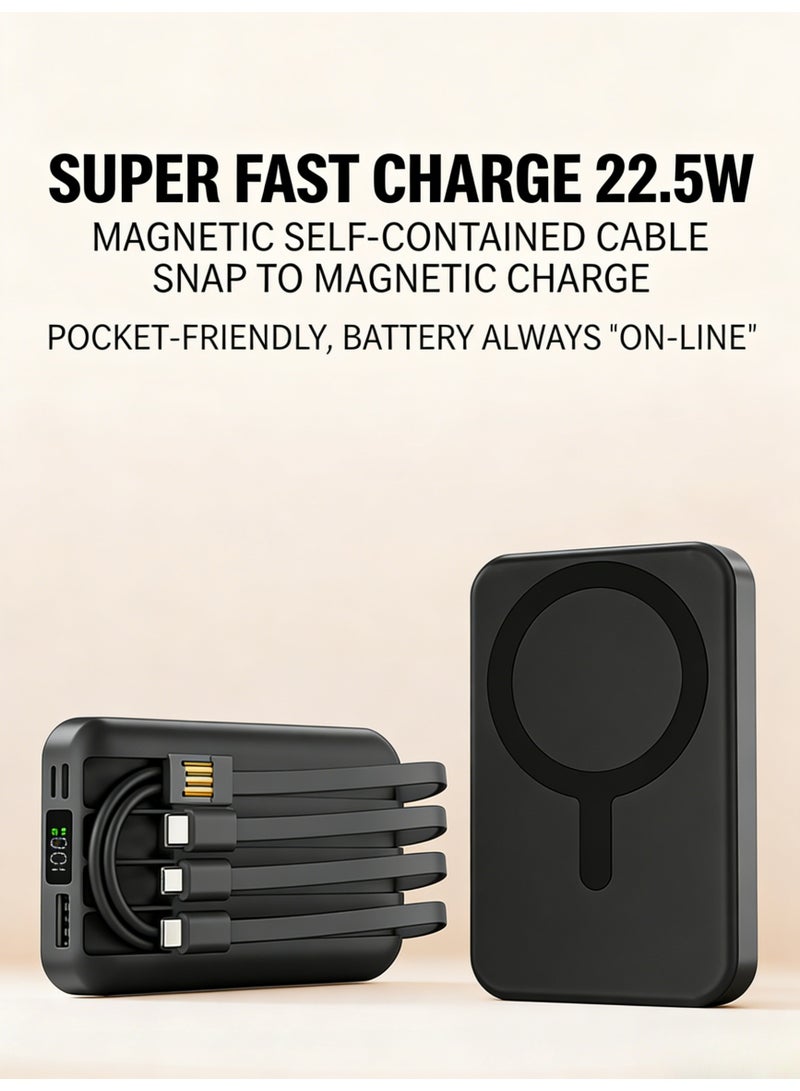 Magnetic Wireless Power Bank with 4 Built-in Cables, 10000mAh Portable Charger with LED Digital Display, Fast Charging External Battery Pack Compatible with iPhone 17/16/15/14/13 Series & Android Devices, Black - Image 4
