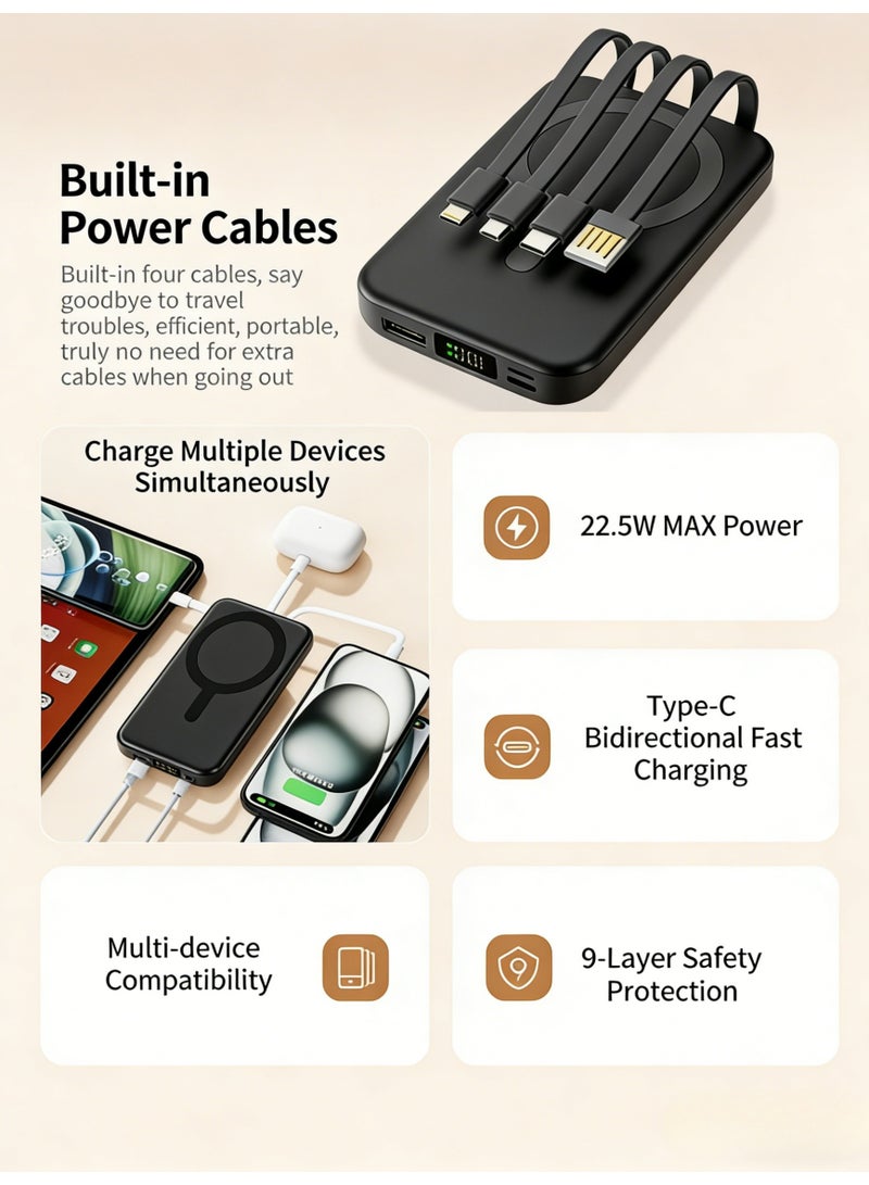 Magnetic Wireless Power Bank with 4 Built-in Cables, 10000mAh Portable Charger with LED Digital Display, Fast Charging External Battery Pack Compatible with iPhone 17/16/15/14/13 Series & Android Devices, Black - Image 3