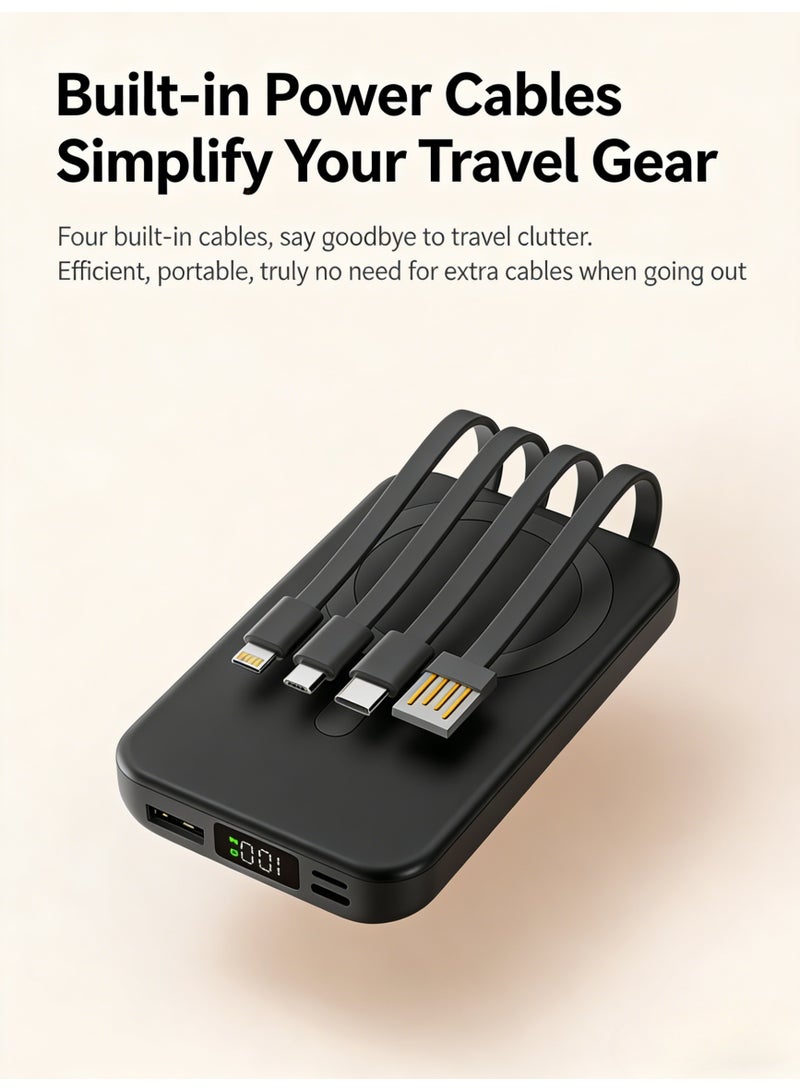 Magnetic Wireless Power Bank with 4 Built-in Cables, 10000mAh Portable Charger with LED Digital Display, Fast Charging External Battery Pack Compatible with iPhone 17/16/15/14/13 Series & Android Devices, Black - Image 5
