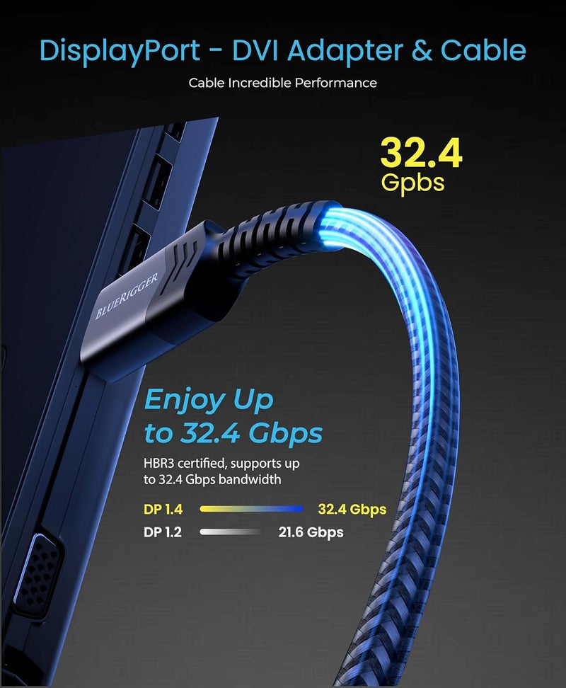 BlueRigger كابل محول DisplayPort إلى DVI-D مطلي بالذهب ذكر إلى ذكر متوافق مع الكمبيوتر، اللابتوب، HDTV، البروجيكتور والشاشة (10 أقدام – 3 أمتار) - Image 2