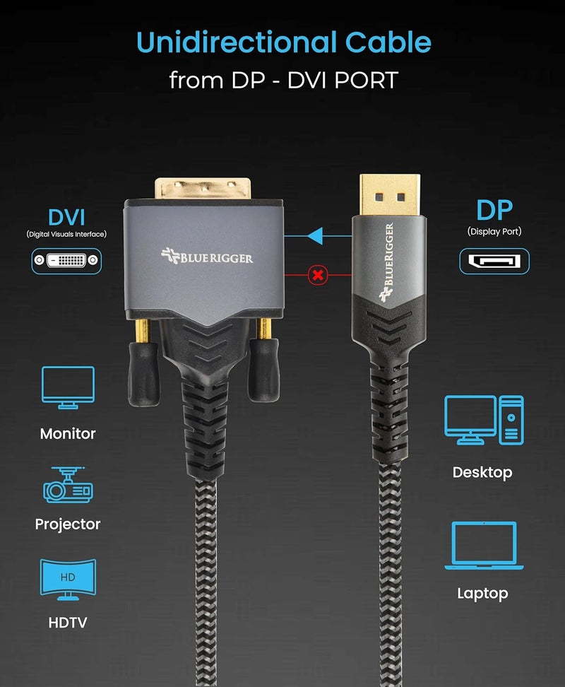 BlueRigger كابل محول DisplayPort إلى DVI-D مطلي بالذهب ذكر إلى ذكر متوافق مع الكمبيوتر، اللابتوب، HDTV، البروجيكتور والشاشة (10 أقدام – 3 أمتار) - Image 3