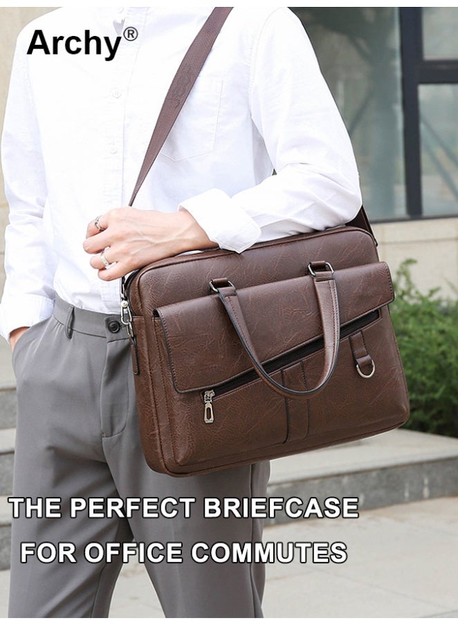 Archy Men Briefcase Leather Office Bags 14" Laptop Bag Doctor Lawyer Computer Bag Totes Male Vintage Business Man Bag Portable Handbag Messenger Bag Trendy Briefcase for Work - Image 1