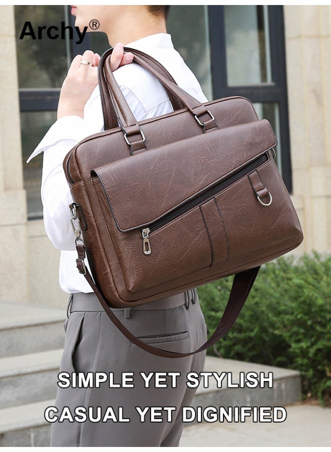 Archy Men Briefcase Leather Office Bags 14" Laptop Bag Doctor Lawyer Computer Bag Totes Male Vintage Business Man Bag Portable Handbag Messenger Bag Trendy Briefcase for Work - Image 2