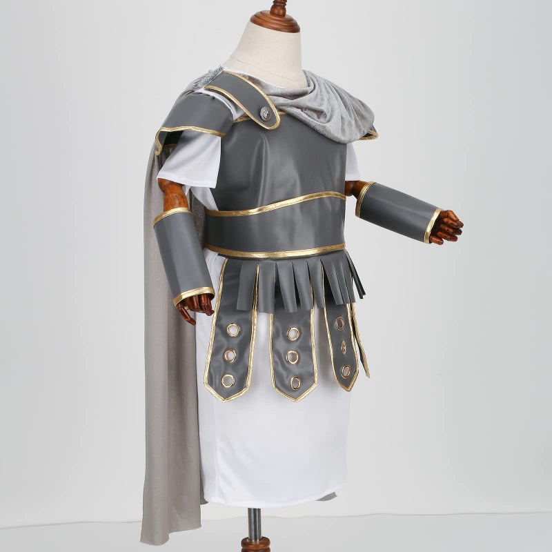 maxToonrain Gladiator Costume for Kids Centurion Roman Soldier Outfit Viking Medieval Greek Historical Theme Role Playing Party - Includes Tunic, Armour, Cape, Arm and Leg Guards (Grey, 9-10 Year) - Image 2
