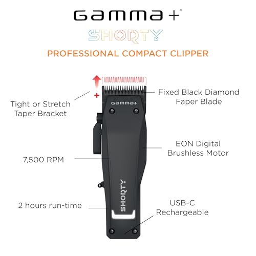 Gamma مقص شعر احترافي لاسلكي GAMMA+ Shorty للرجال، محرك بدون فرش، فجوة صفر قابلة للتعديل، وقت تشغيل 120 دقيقة، USB-C، تصميم مريح، ضوضاء منخفضة - Image 2
