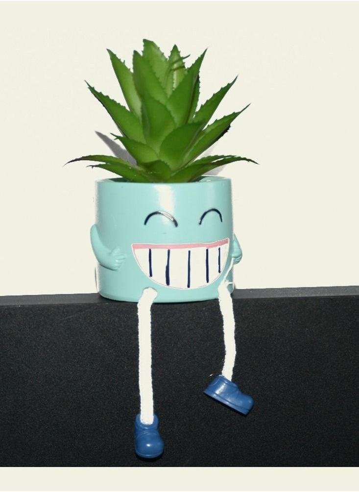 DRAMA HOME 2 Piece Artificial Decorative Plant With Smiley Face Design Pot Blue/Green 13 x 13 x 8cm  - Image 3