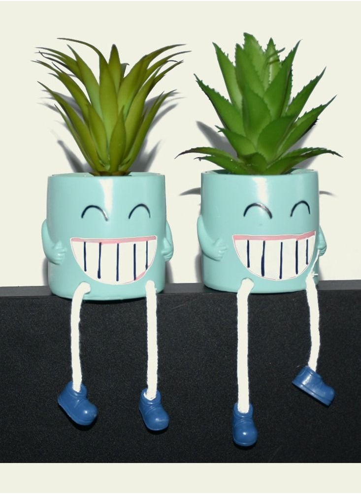 DRAMA HOME 2 Piece Artificial Decorative Plant With Smiley Face Design Pot Blue/Green 13 x 13 x 8cm  - Image 1